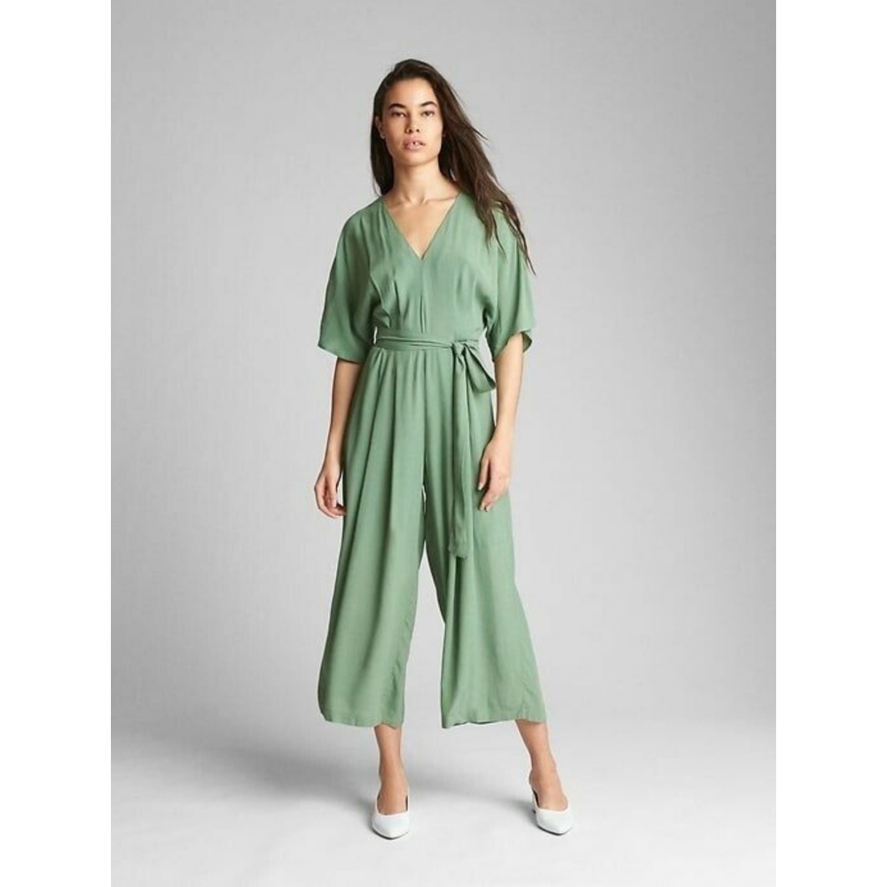 GAP Sage Green V Dolman Quarter Belted Pockets Wide Leg Jumpsuit Tall Grand 6 M